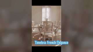 French Style Dining Chair with Carved Details, Natural Rattan Back & Linen Upholstered Seat